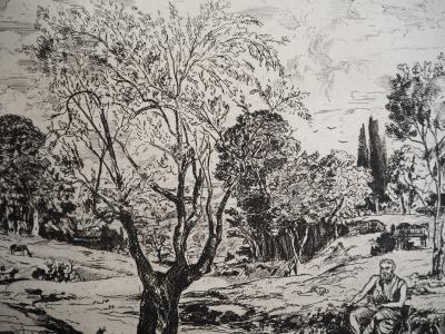 Jean-Eugène BERSIER - L'Aède :poète dans un paysage, vers 1950 - Gravure originale signée 2