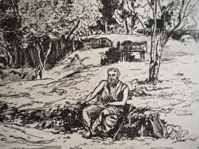 Jean-Eugène BERSIER - L'Aède :poète dans un paysage, vers 1950 - Gravure originale signée 2