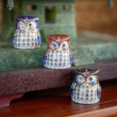 Famille de hiboux porte-bonheur en cloisonné 2