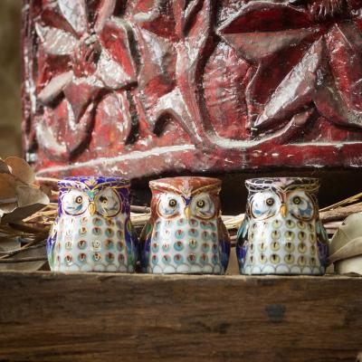 Famille de hiboux porte-bonheur en cloisonné 2