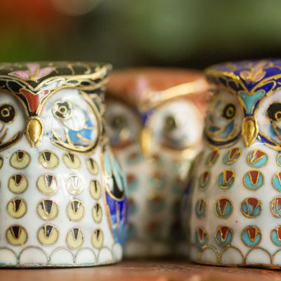Famille de hiboux porte-bonheur en cloisonné 2