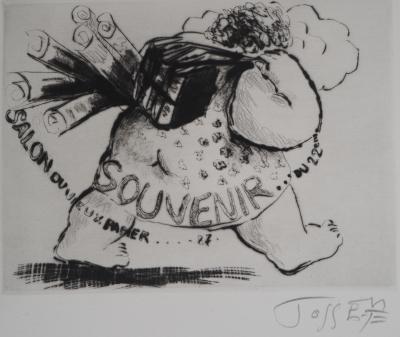 Monique JOSSE - Le visiteur aux livres, 1987 - Gravure originale, signée 2