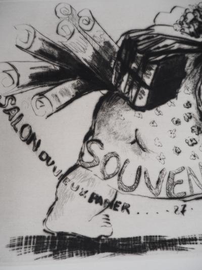 Monique JOSSE - Le visiteur aux livres, 1987 - Gravure originale, signée 2