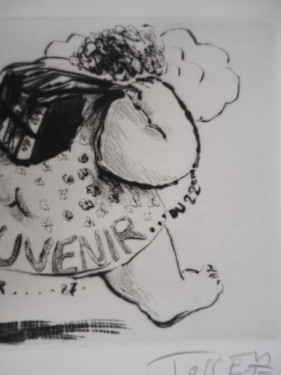 Monique JOSSE - Le visiteur aux livres, 1987 - Gravure originale, signée 2