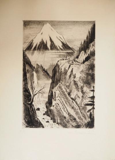 Camille QUESNEVILLE - Cascade japonaise, vers 1950 - Gravure originale, signée 2