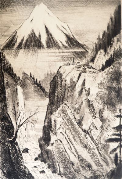 Camille QUESNEVILLE - Cascade japonaise, vers 1950 - Gravure originale, signée 2