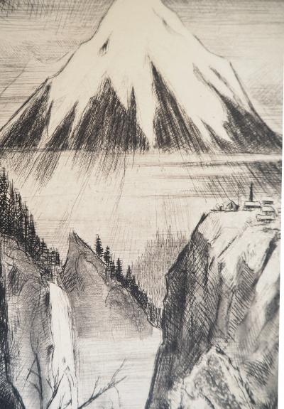 Camille QUESNEVILLE - Cascade japonaise, vers 1950 - Gravure originale, signée 2