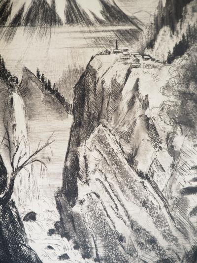 Camille QUESNEVILLE - Cascade japonaise, vers 1950 - Gravure originale, signée 2
