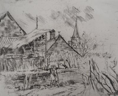 Solange de BIÈVRE - Paysage rural, vers 1970 - Gravure originale, signée 2