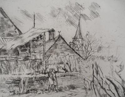 Solange de BIÈVRE - Paysage rural, vers 1970 - Gravure originale, signée 2