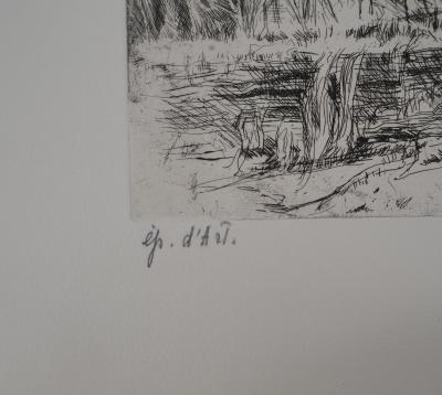 Solange de BIÈVRE - Paysage rural, vers 1970 - Gravure originale, signée 2