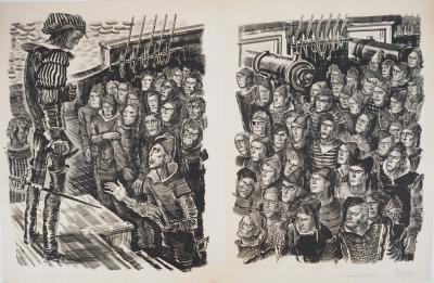Albert DECARIS - La révolte des marins contre Colomb, vers 1955 - Gravure originale, signée 2