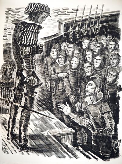 Albert DECARIS - La révolte des marins contre Colomb, vers 1955 - Gravure originale, signée 2
