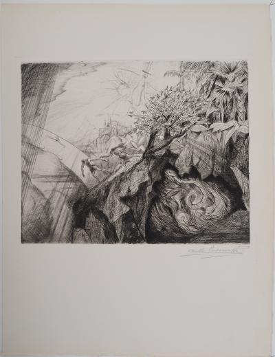 Camille QUESNEVILLE - Adam et Eve chassés de l'Eden, vers 1950 -  Gravure originale, signée 2