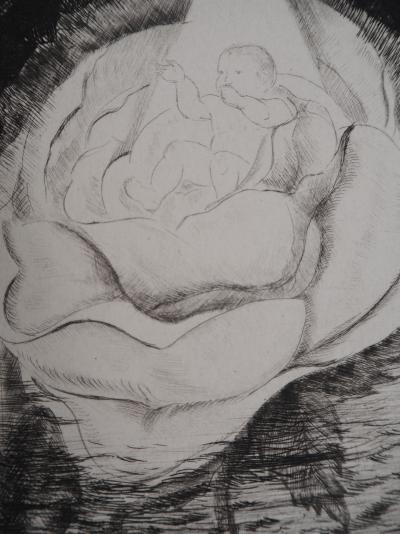 Camille QUESNEVILLE - La Naissance florale, vers 1950 -  Gravure originale, signée 2