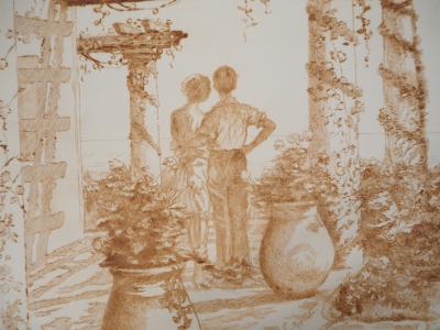 Maurice NEUMONT - Les amoureux et la villa bucolique - Eau-forte originale, signée 2