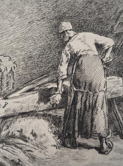 Jean François MILLET (d’après) - Femme qui broie du lin,1873 - Gravure, signée 2