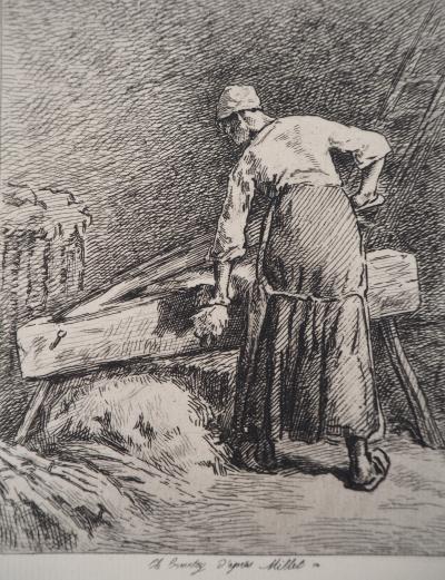 Jean François MILLET (d’après) - Femme qui broie du lin,1873 - Gravure, signée 2