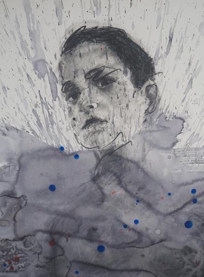 Philippe Pasqua - Jeune-fille aux projections - Acrylique sur papier, signée 2