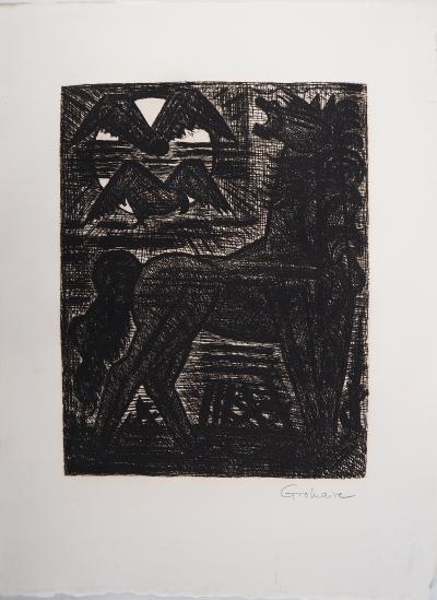 Marcel GROMAIRE - Macbeth, Shakespeare: présages, cheval noir et oiseaux de nuit, 1958 - Eau-forte originale, signée 2