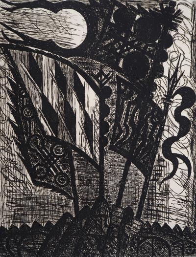 Marcel GROMAIRE - Macbeth, Shakespeare: étendards, 1958 - Eau-forte originale, signée 2