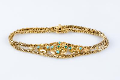 Bracelet vintage en or 18 carats en maille fantaisie ajourée orné de 9 turquoises cabochon 2