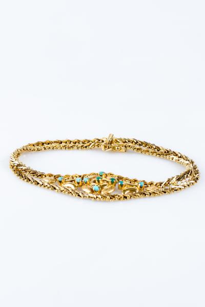 Bracelet vintage en or 18 carats en maille fantaisie ajourée orné de 9 turquoises cabochon 2