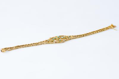 Bracelet vintage en or 18 carats en maille fantaisie ajourée orné de 9 turquoises cabochon 2
