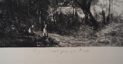 JB Camille COROT (after), Conversation in the Bois d’Avray - Engraving, Signed #Durand Ruel - 1873 2
