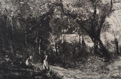 JB Camille COROT (after), Conversation in the Bois d’Avray - Engraving, Signed #Durand Ruel - 1873 2