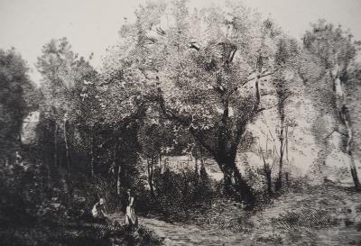 JB Camille COROT (after), Conversation in the Bois d’Avray - Engraving, Signed #Durand Ruel - 1873 2
