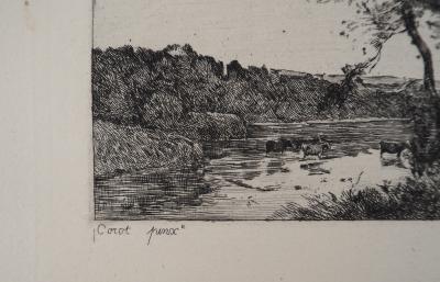 JB Camille COROT (d’après), Vaches à la rivière - Gravure, Signée #Durand Ruel - 1873 2