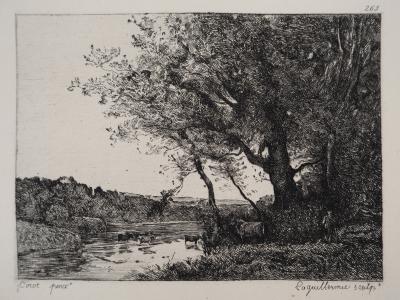 JB Camille COROT (d’après), Vaches à la rivière - Gravure, Signée #Durand Ruel - 1873