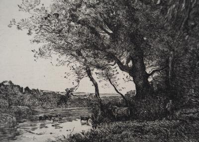 JB Camille COROT (d’après), Vaches à la rivière - Gravure, Signée #Durand Ruel - 1873 2