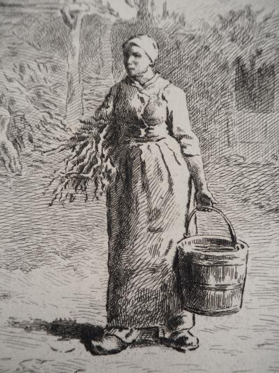 Jean François MILLET (d’après) - Femme portant un seau,1873 - Gravure, signée 2