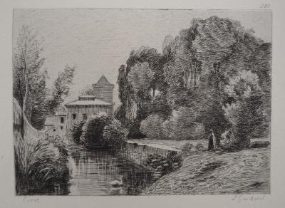 JB Camille COROT (d’après), Château et mare  - Gravure, Signée #Durand Ruel - 1873 2
