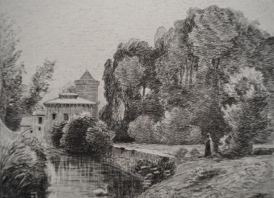 JB Camille COROT (d’après), Château et mare  - Gravure, Signée #Durand Ruel - 1873 2