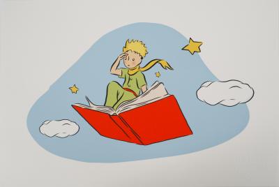 Antoine DE SAINT-EXUPERY : Le Petit Prince et le livre volant - Lithographie