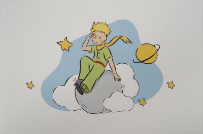 Antoine DE SAINT-EXUPERY : Le Petit Prince observe depuis son astéroïde - Lithographie