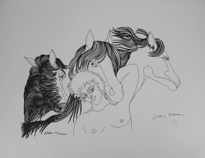 Jean MARAIS - Amitié entre le cavalier et ses chevaux - Lithographie originale signée