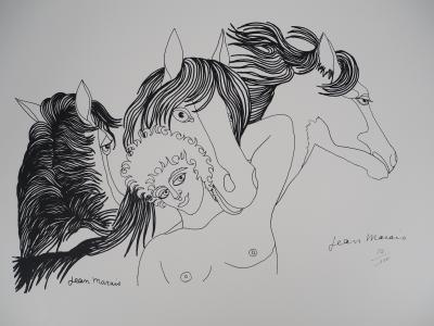 Jean MARAIS - Amitié entre le cavalier et ses chevaux - Lithographie originale signée 2