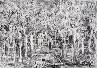 André COTTAVOZ - Cueillette estivale à Vallauris, vers 1976 - Lithographie originale, signée 2