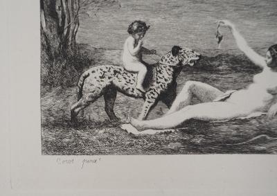 JB Camille COROT (d’après), La mère l’enfant et le guépard - Gravure, Signée 2