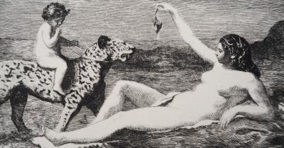 JB Camille COROT (d’après), La mère l’enfant et le guépard - Gravure, Signée 2