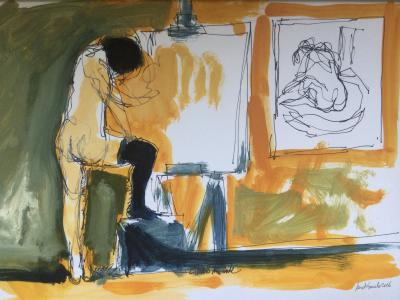 Michel SURET-CANALE - Nu au bas noir,,2016 - Gouache signée 2