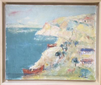 Matilda ULMU - Falaises aux barques rouges ,vers 1980 - Huile sur toile signėe 2