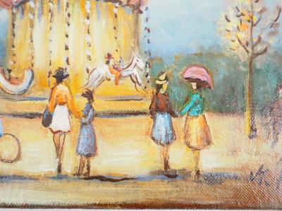 Michel PABOIS - Paris : Chevaux de bois au Tuileries - Huile sur toile originale signée 2
