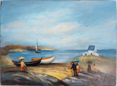 Michel PABOIS - Deux barques bretonnes au bord de l’eau  - Huile sur toile originale signée 2