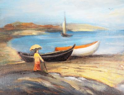 Michel PABOIS - Deux barques bretonnes au bord de l’eau  - Huile sur toile originale signée 2