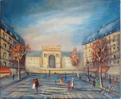 Michel PABOIS - Paris : L’Arc de Triomphe et les Champs-Elysées  - Huile sur toile originale signée 2